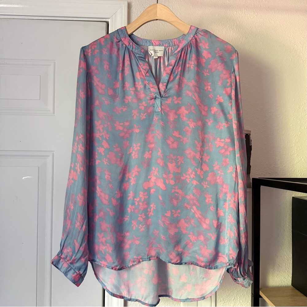 PRIMROSE PARK LONDON pink blue watercolor floral popover long sleeve blouse